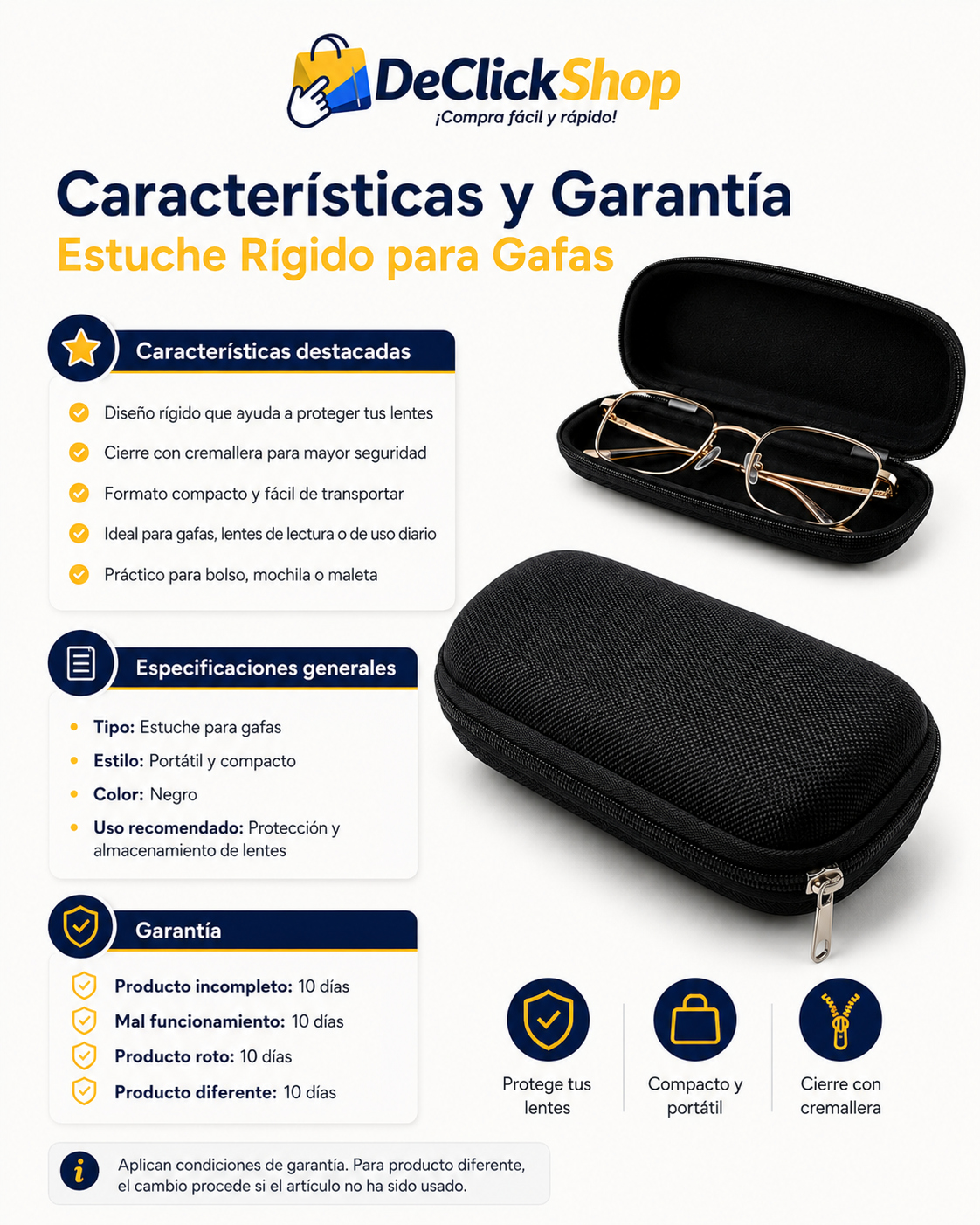Estuche Rígido Portátil para Gafas con Cremallera