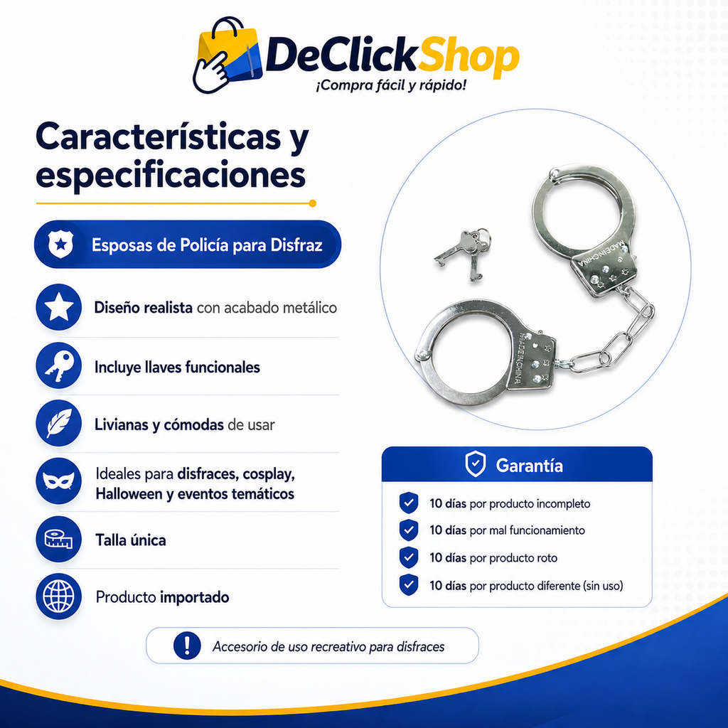 Esposas de Policía para Disfraz con Llaves – Accesorio Metálico para Halloween, Cosplay y Fiestas