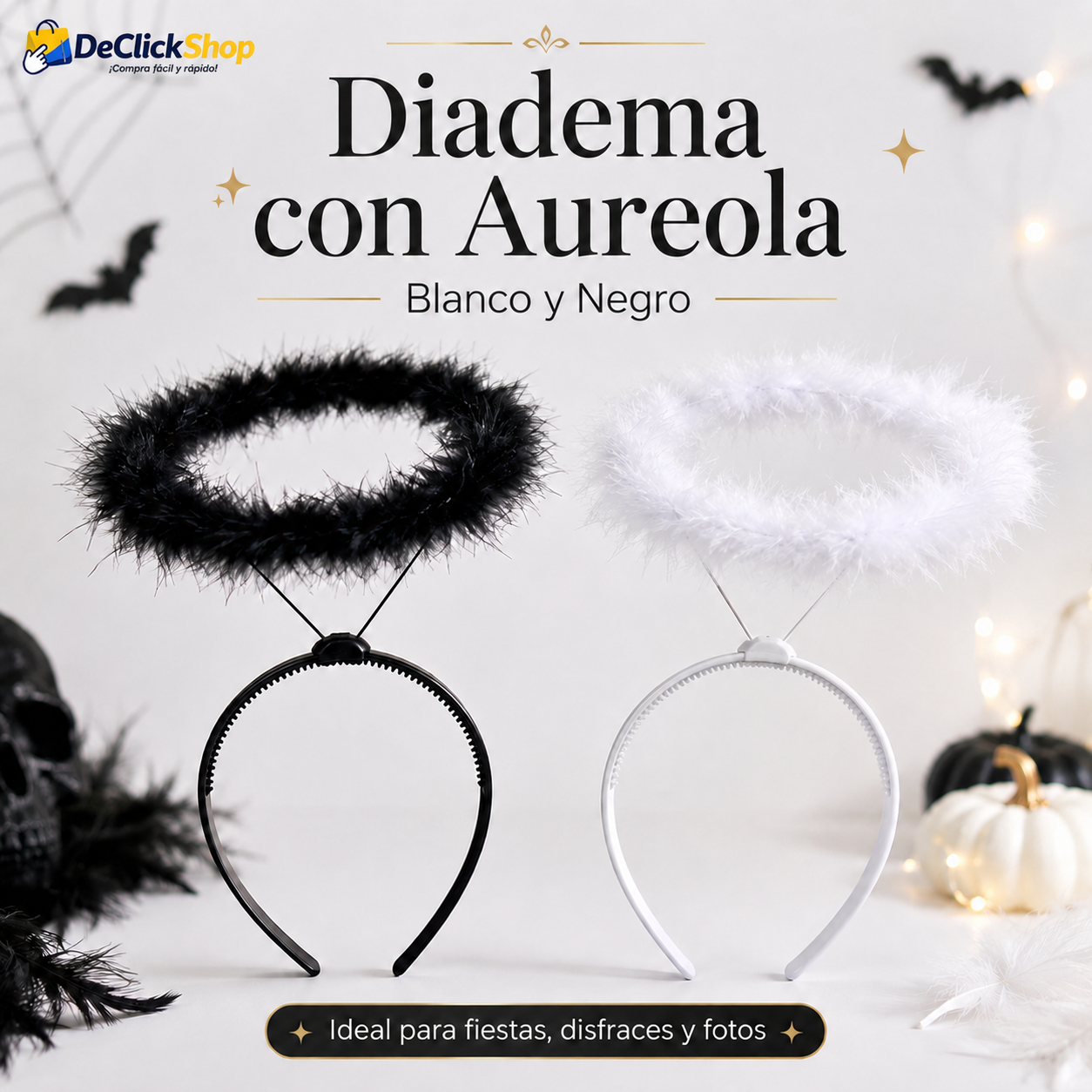 Diadema con Aureola para Disfraces, Fiestas y Fotos – Color Blanco o Negro