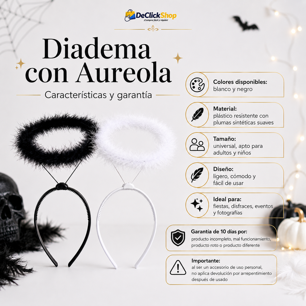 Diadema con Aureola para Disfraces, Fiestas y Fotos – Color Blanco o Negro