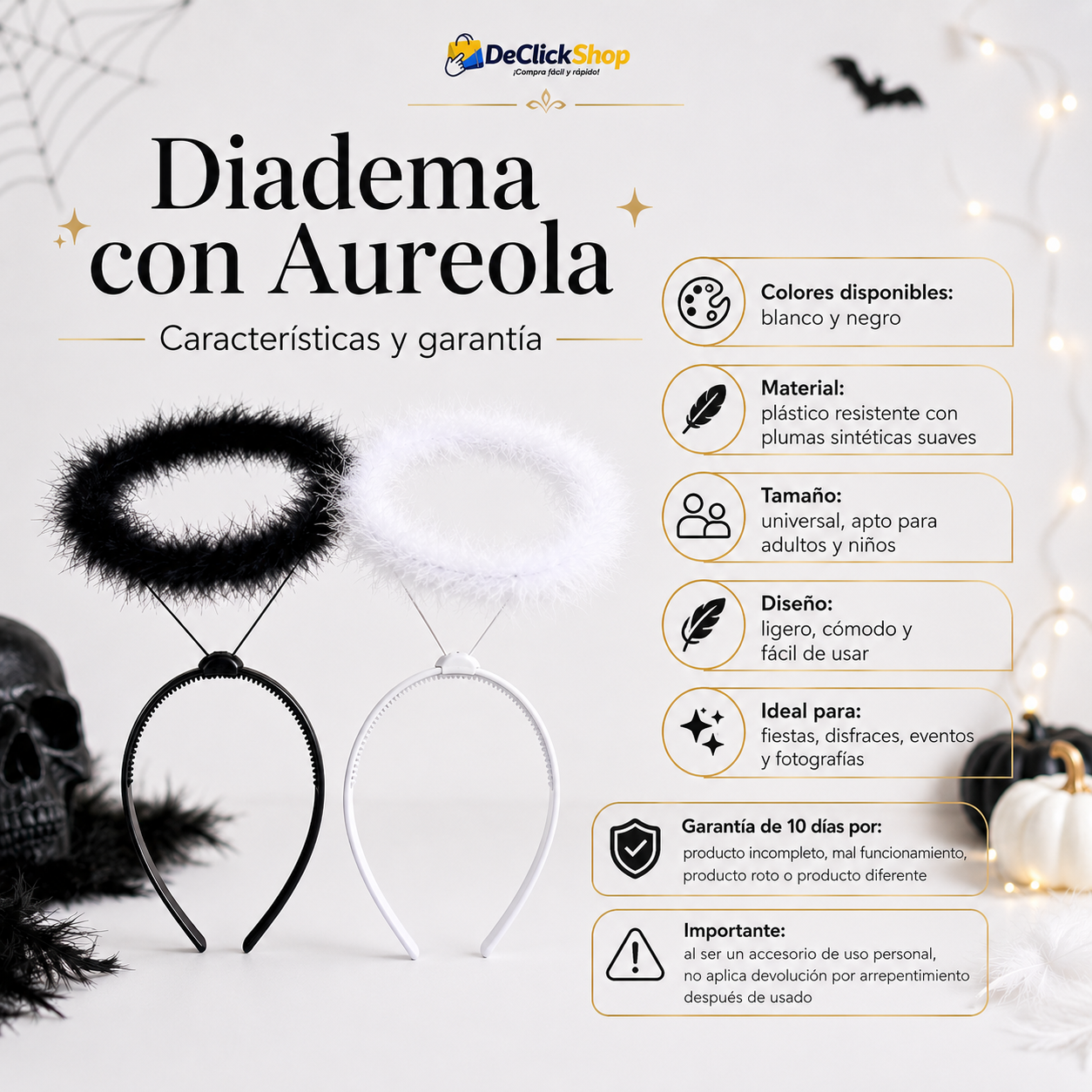 Diadema con Aureola para Disfraces, Fiestas y Fotos – Color Blanco o Negro