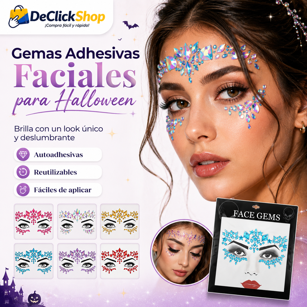 Gemas Adhesivas Faciales para Halloween, Maquillaje y Disfraces