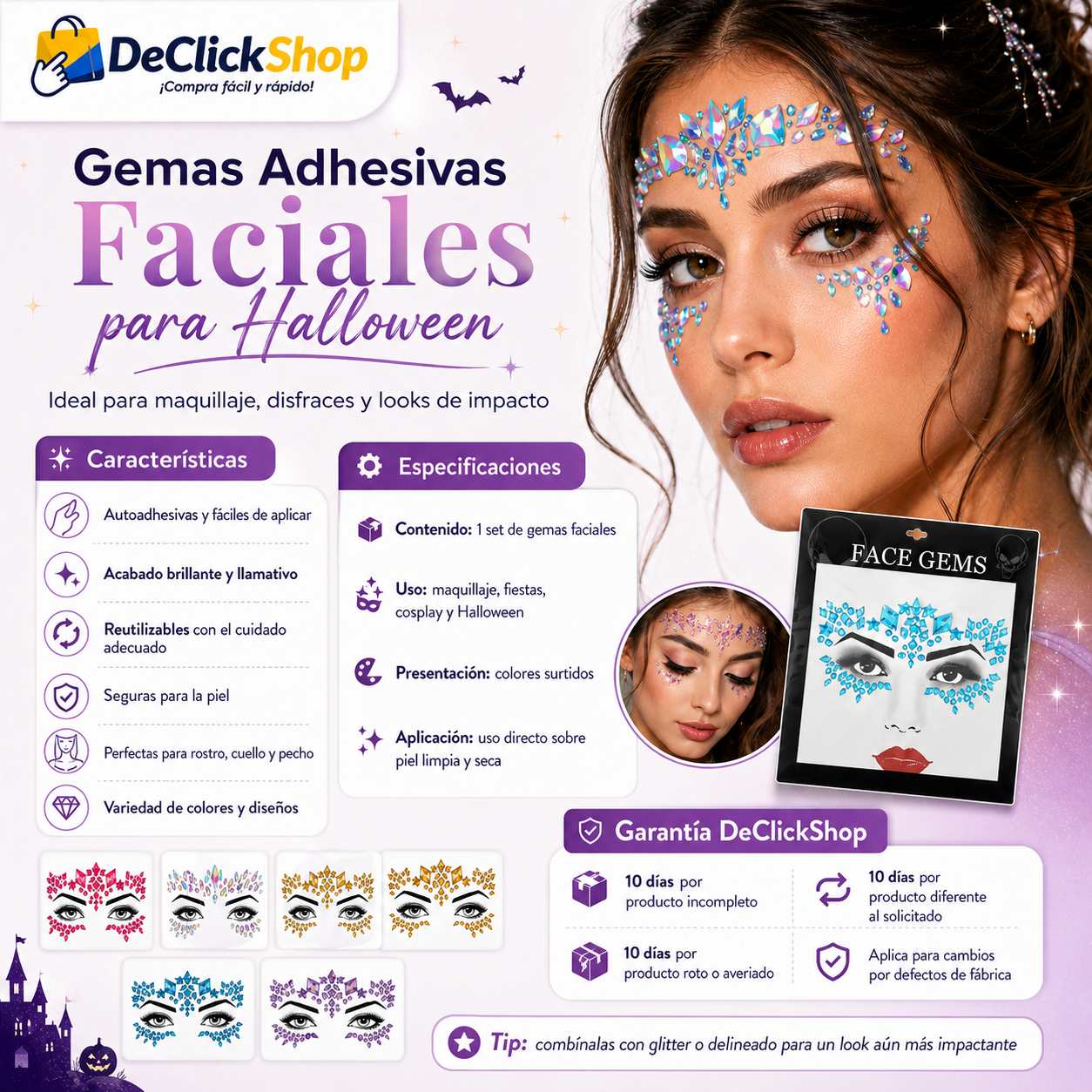 Gemas Adhesivas Faciales para Halloween, Maquillaje y Disfraces