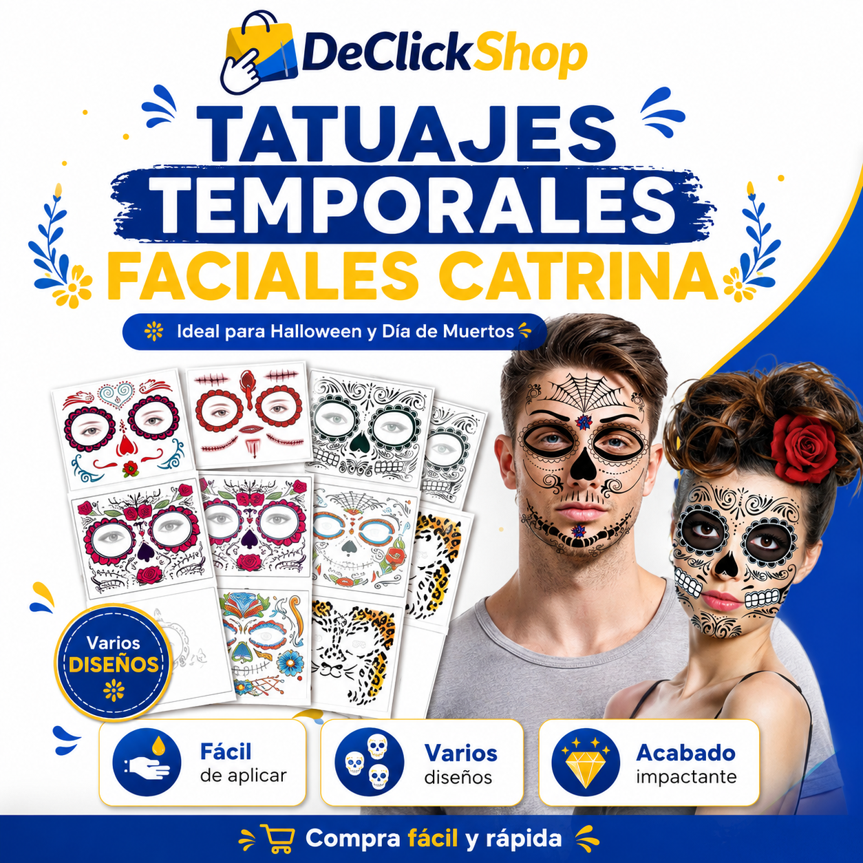 Tatuajes Temporales Faciales Catrina para Halloween y Día de Muertos