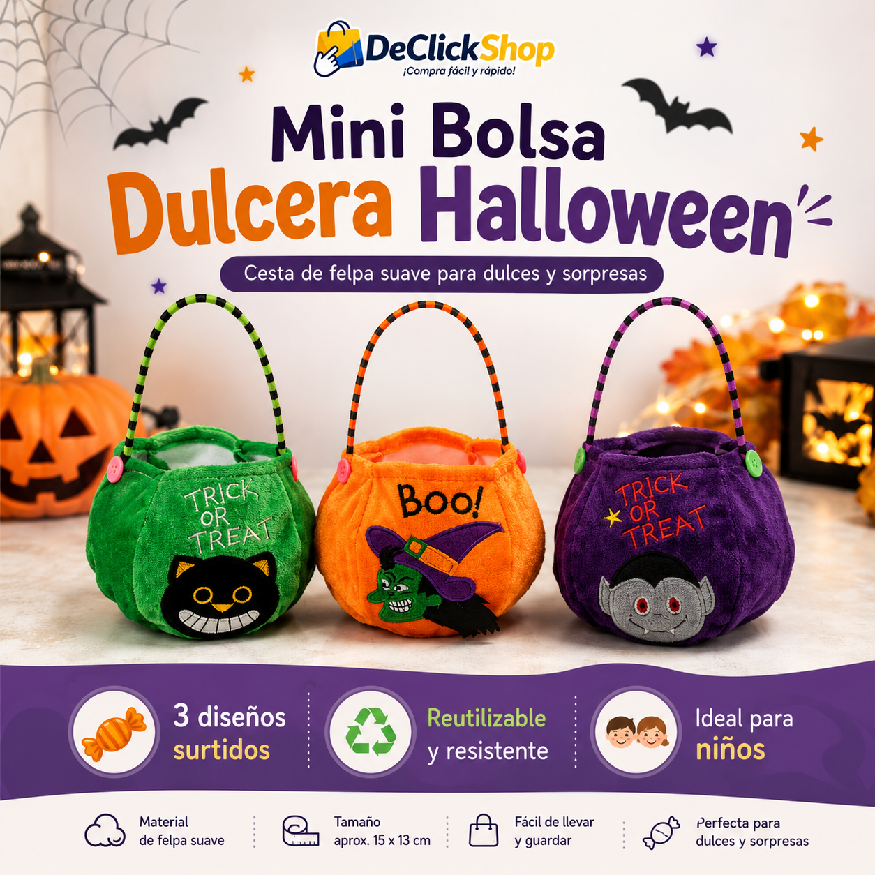 Mini Bolsa Dulcera Halloween en Felpa – Cesta Infantil para Dulces y Sorpresas