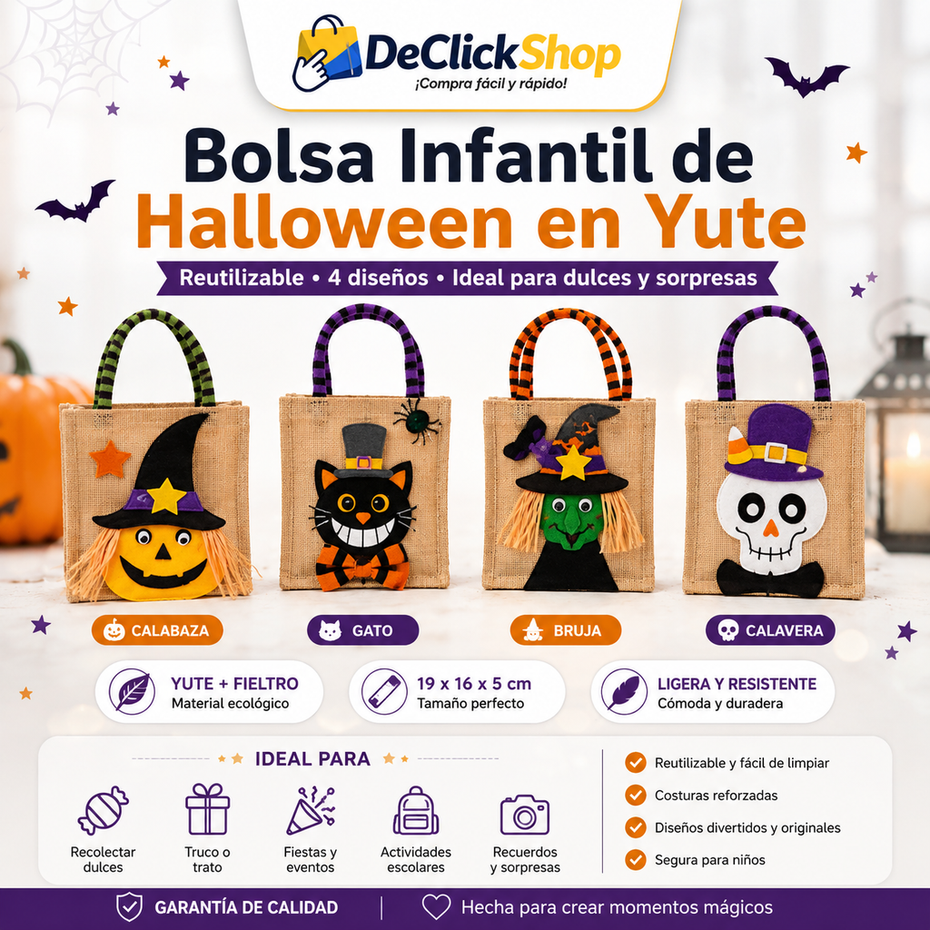 Bolsa Infantil de Halloween en Yute Reutilizable para Dulces – Diseños Calabaza, Gato, Bruja y Calavera