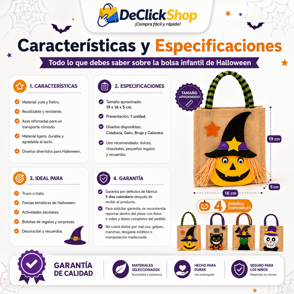 Bolsa Infantil de Halloween en Yute Reutilizable para Dulces – Diseños Calabaza, Gato, Bruja y Calavera