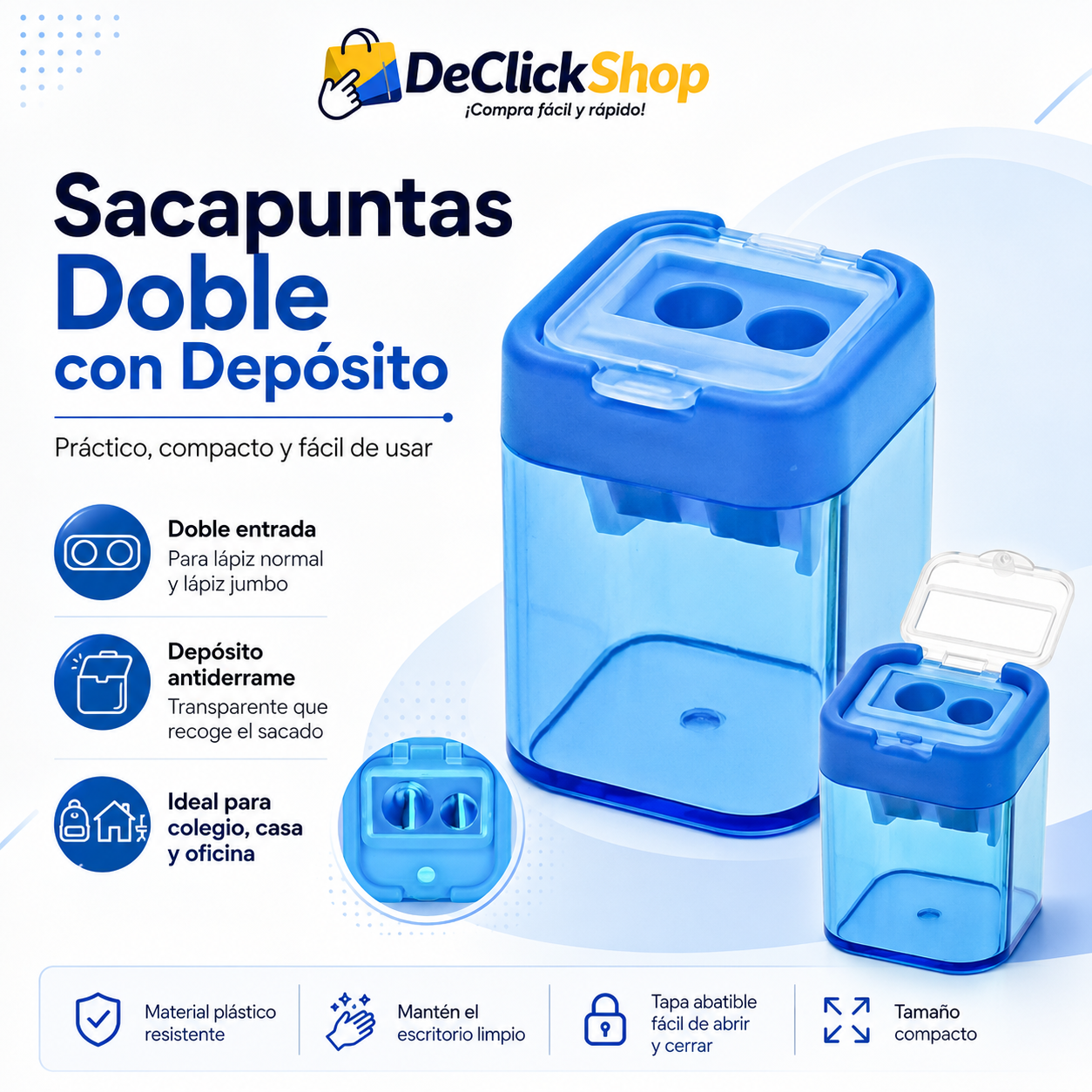 Sacapuntas Doble con Depósito Antiderrame para Lápiz Normal y Jumbo