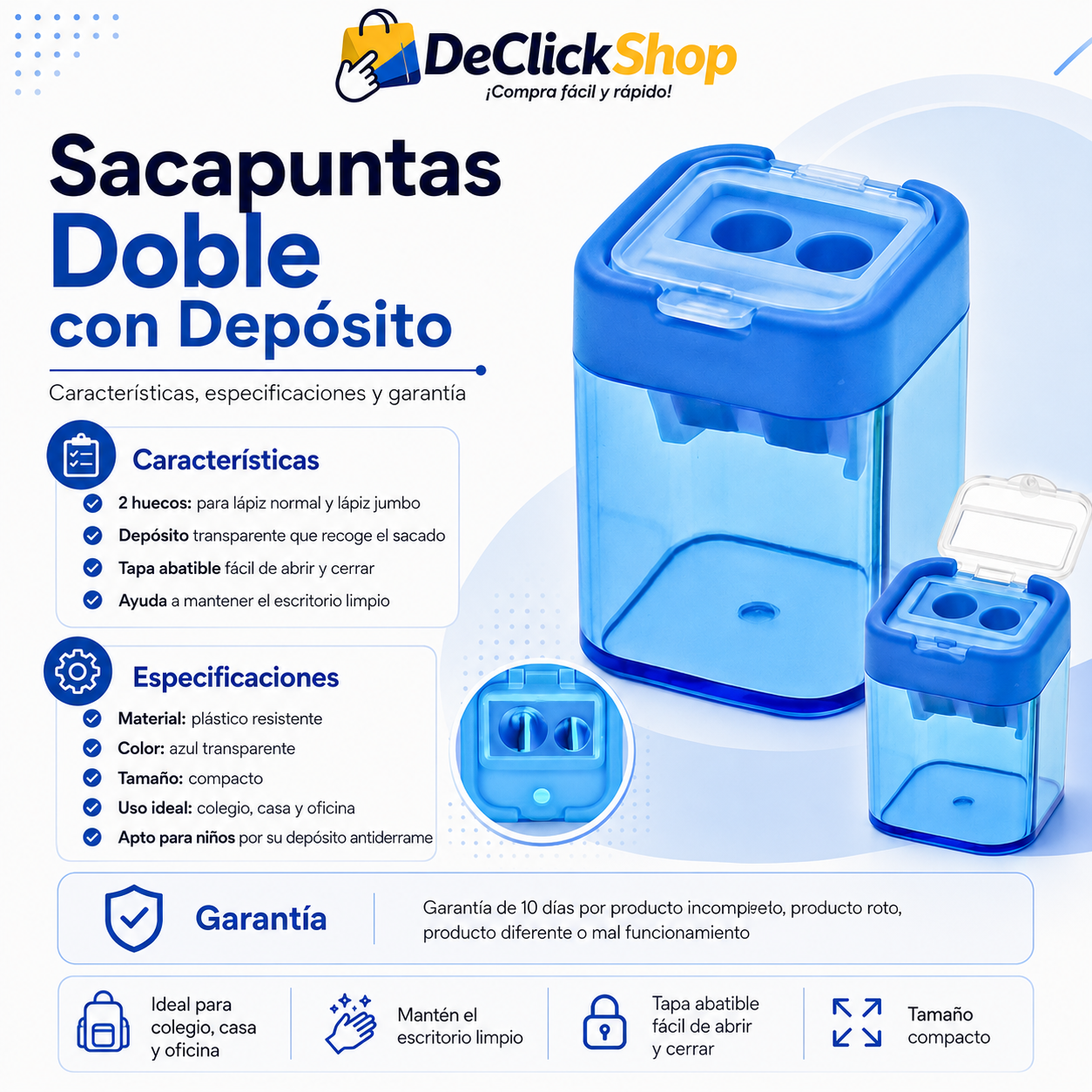 Sacapuntas Doble con Depósito Antiderrame para Lápiz Normal y Jumbo