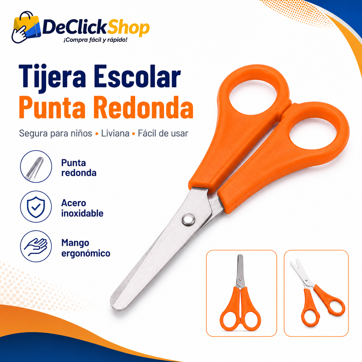 Tijera Escolar Punta Redonda para Niños – Segura, Liviana y Fácil de Usar