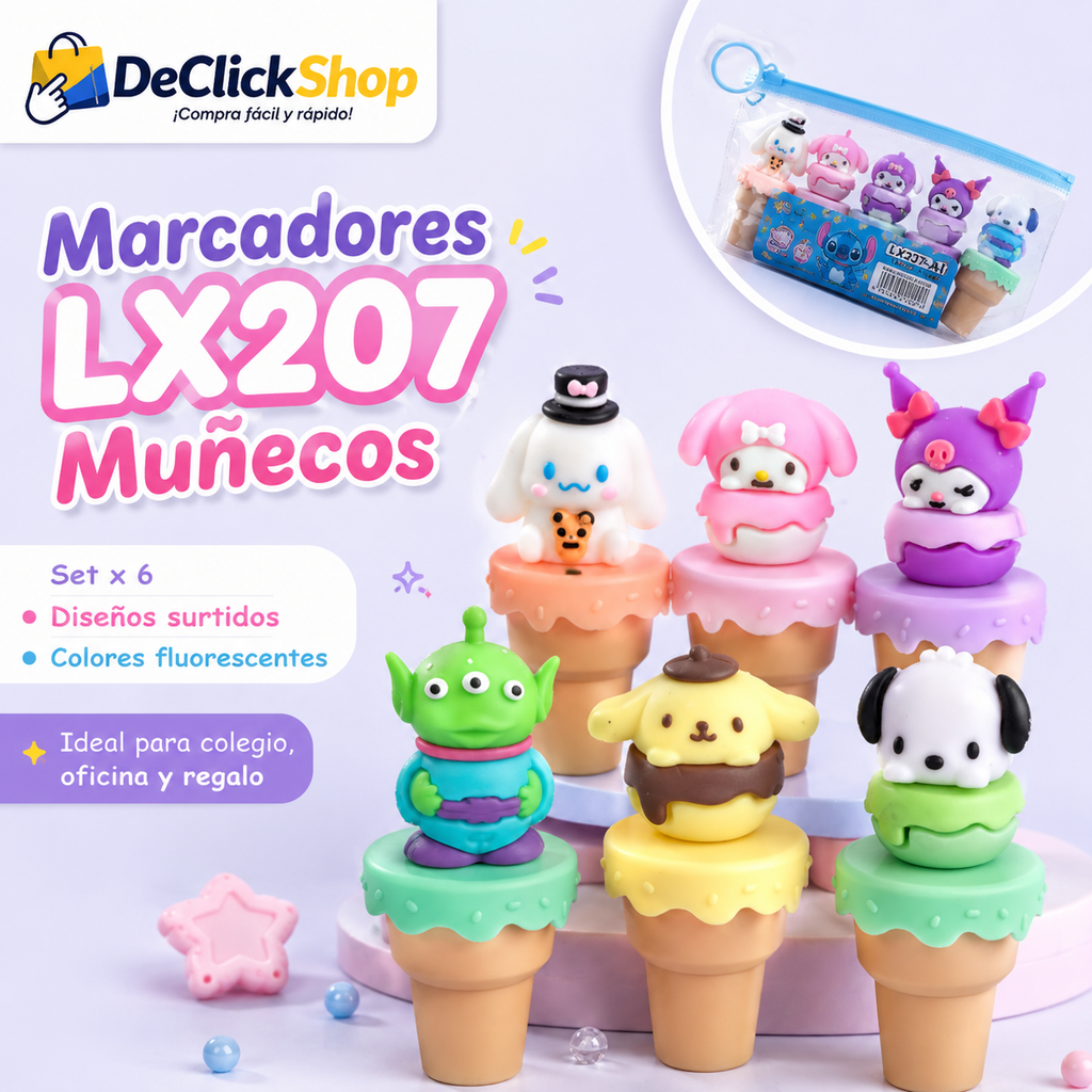 Set x 6 Marcadores Fluorescentes LX207 con Muñecos Decorativos