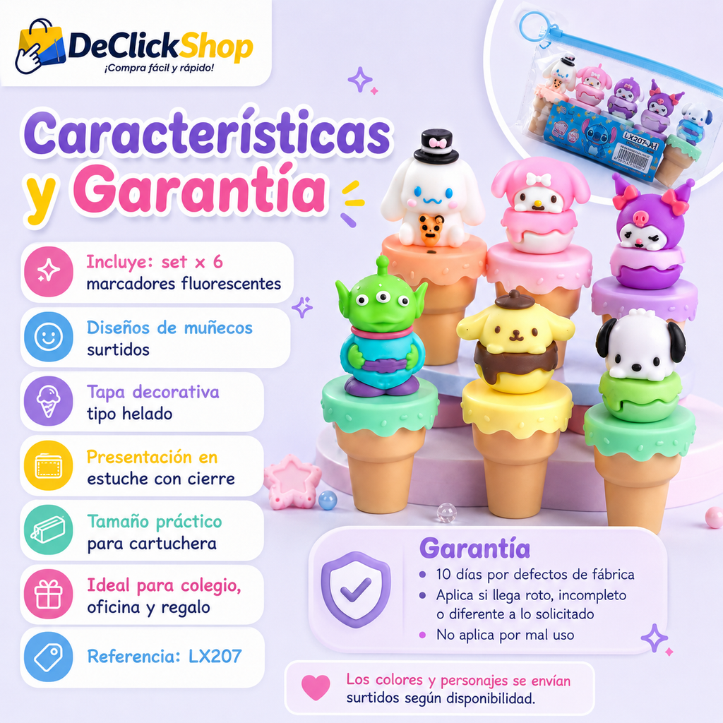 Set x 6 Marcadores Fluorescentes LX207 con Muñecos Decorativos