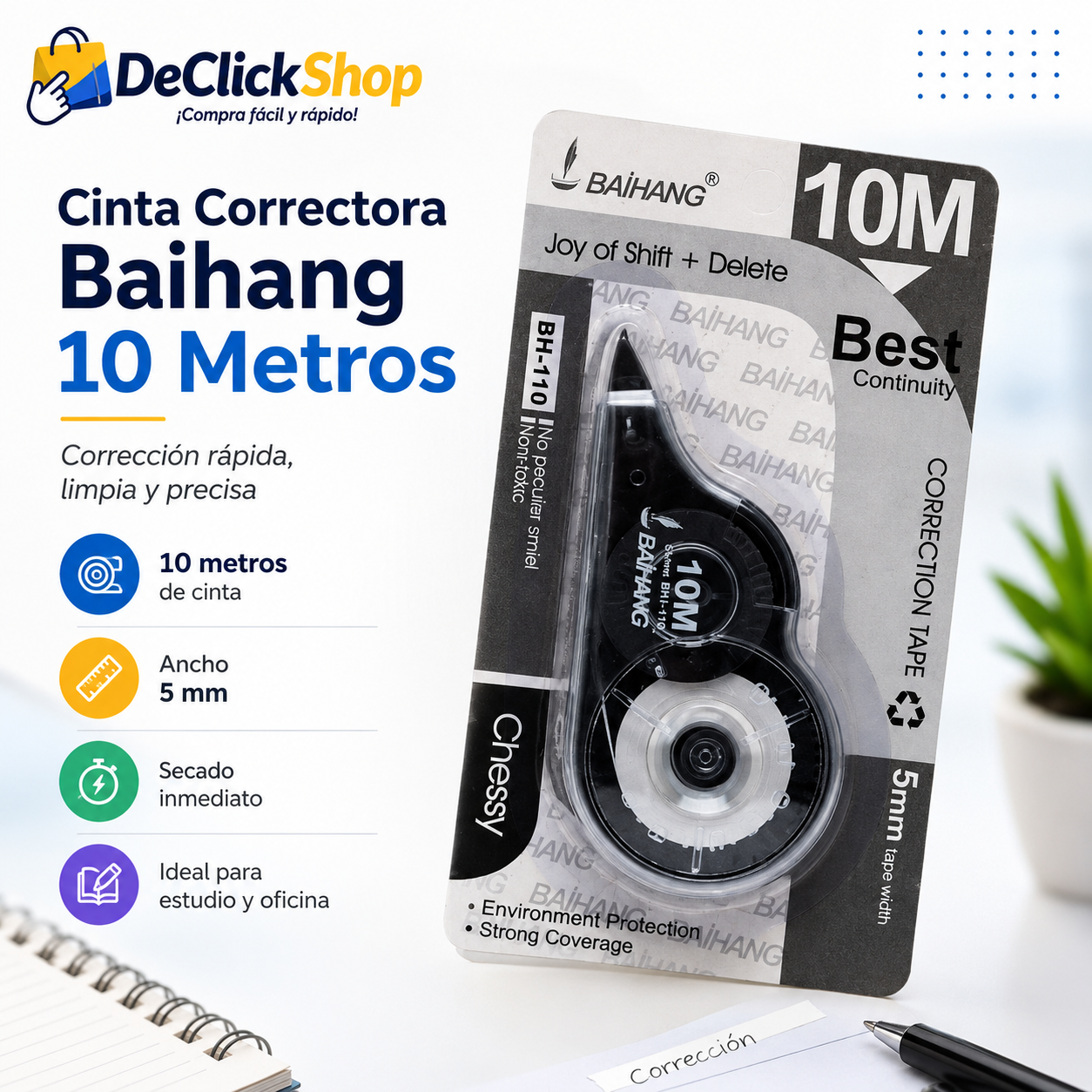 Cinta Correctora Baihang 10 Metros BH-110 – Corrección Rápida y Limpia