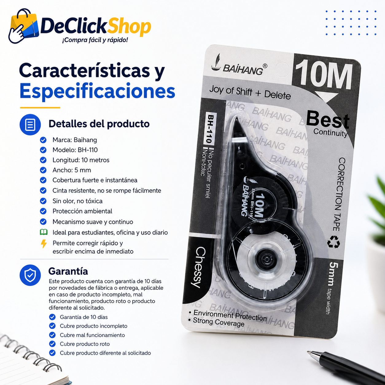 Cinta Correctora Baihang 10 Metros BH-110 – Corrección Rápida y Limpia