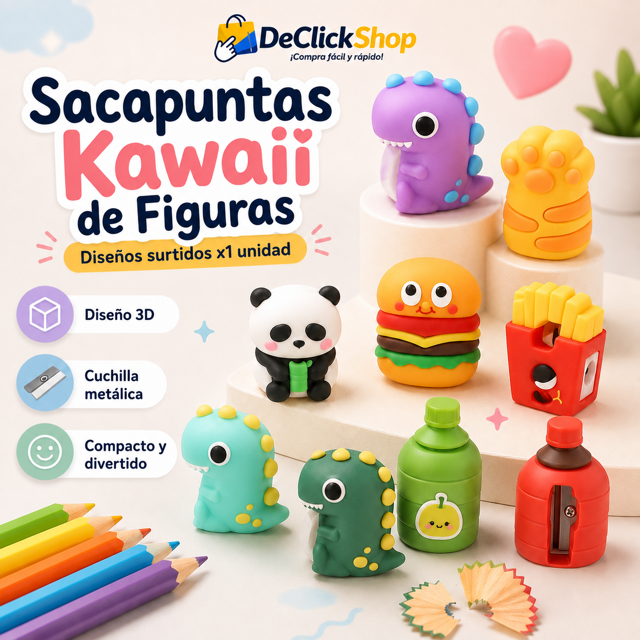 Sacapuntas Kawaii de Figuras 3D – Diseño Surtido x1 Unidad