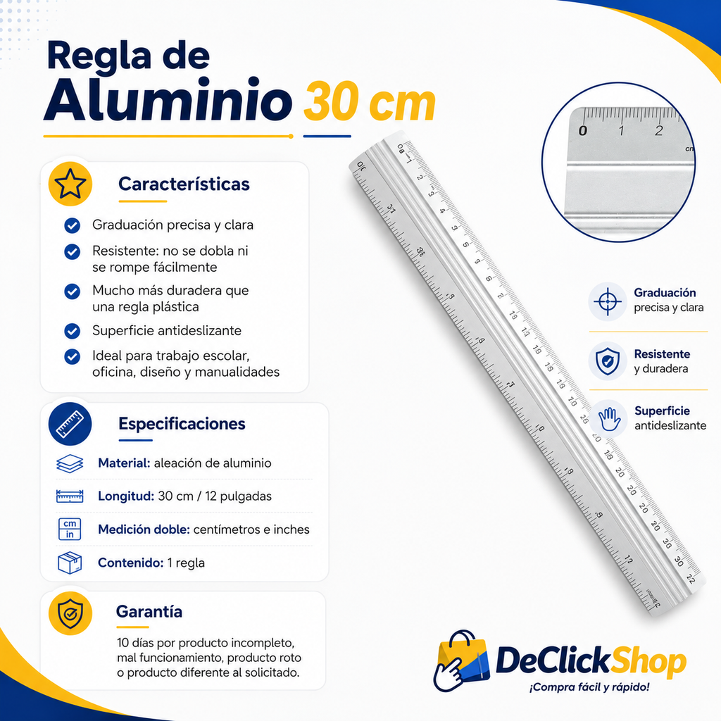 Regla de Aluminio 30 cm Resistente con Doble Escala cm/Pulgadas