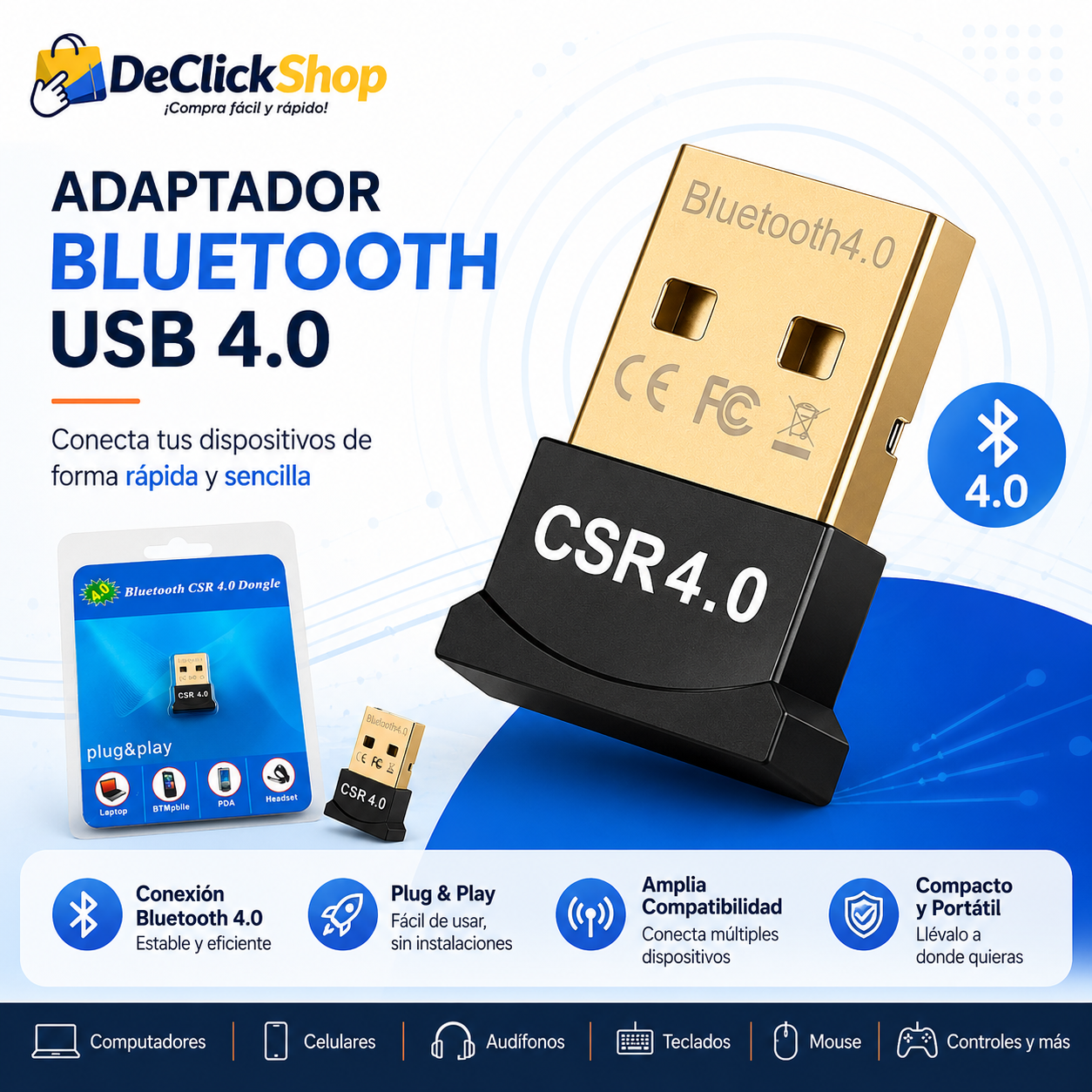Adaptador Bluetooth USB 4.0 CSR – Conexión Inalámbrica para PC y Portátil