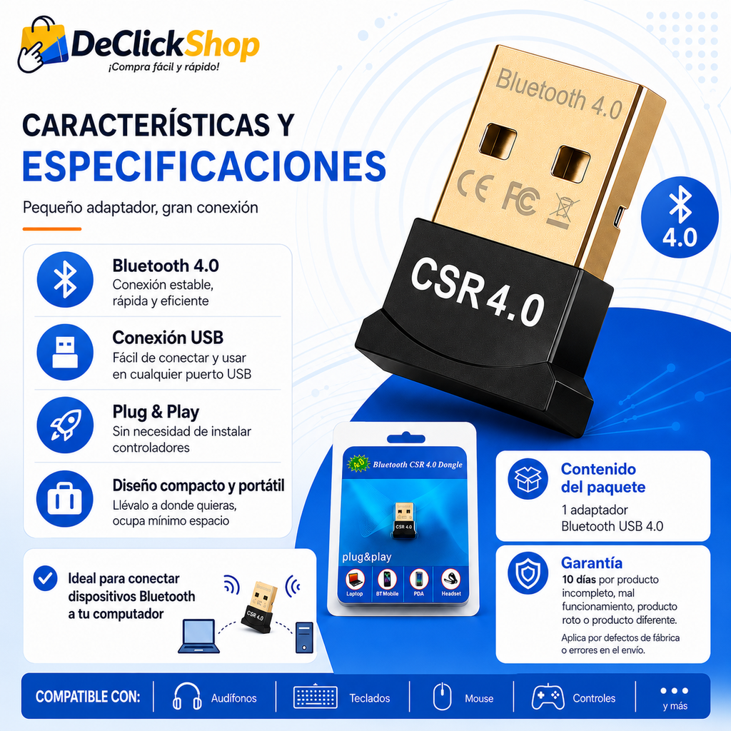 Adaptador Bluetooth USB 4.0 CSR – Conexión Inalámbrica para PC y Portátil