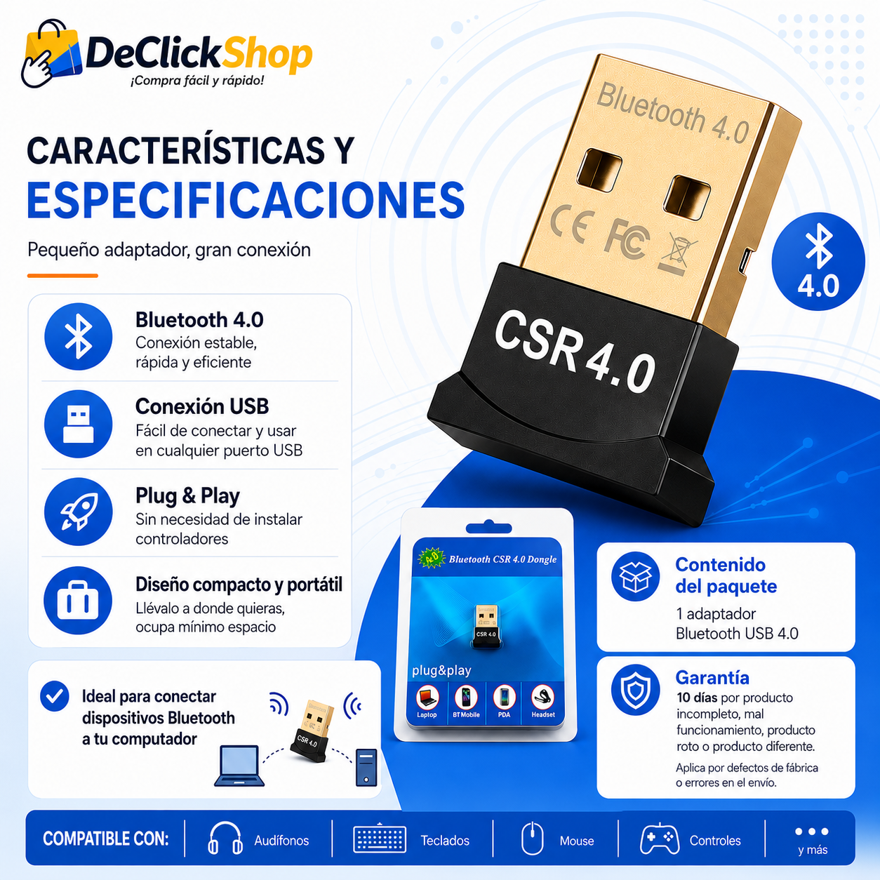 Adaptador Bluetooth USB 4.0 CSR – Conexión Inalámbrica para PC y Portátil