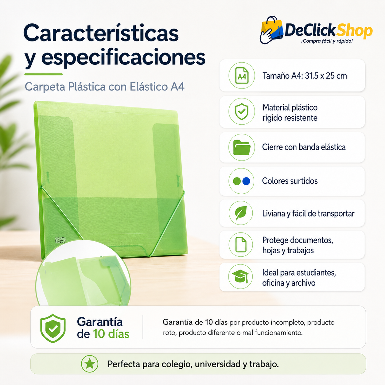 Carpeta Plástica con Elástico A4 – Resistente, Liviana y Práctica para Documentos