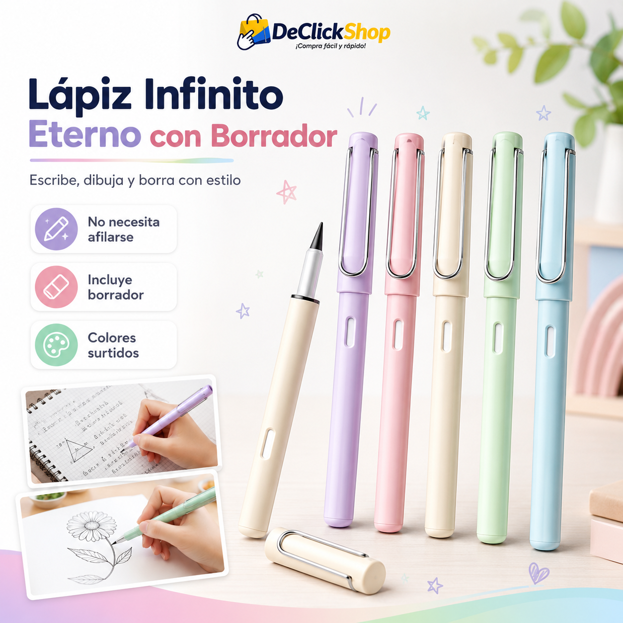 Lápiz Infinito Eterno con Borrador – Escritura Suave, Punta Duradera y Colores Surtidos