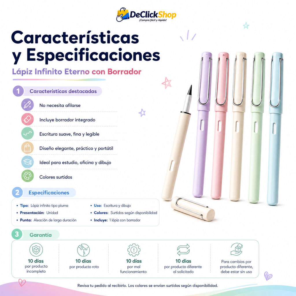 Lápiz Infinito Eterno con Borrador – Escritura Suave, Punta Duradera y Colores Surtidos