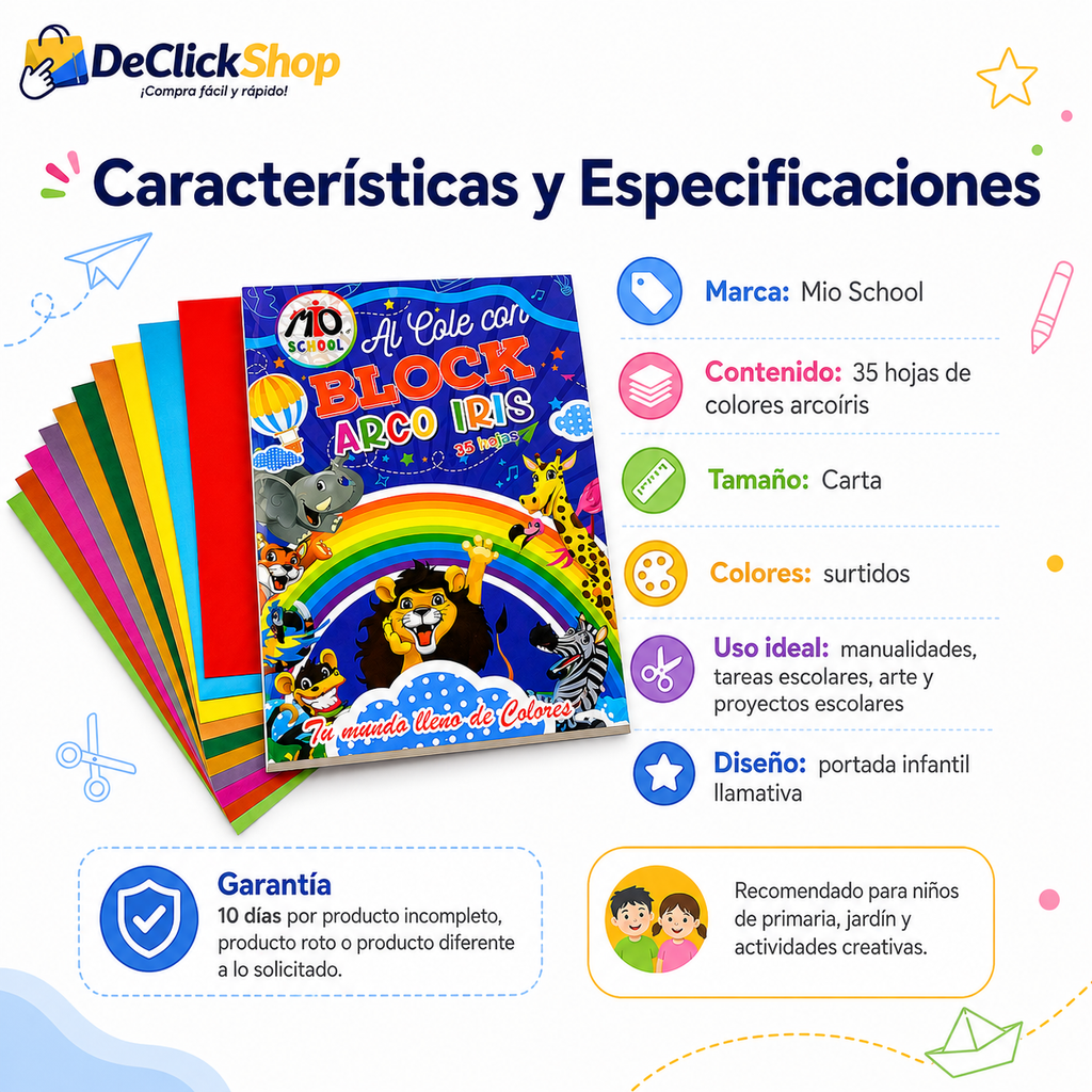 Block Arcoíris x 35 Hojas de Colores Tamaño Carta para Manualidades y Tareas Escolares