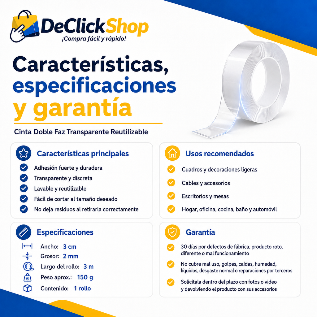 Cinta Doble Faz Transparente Reutilizable 3 Metros