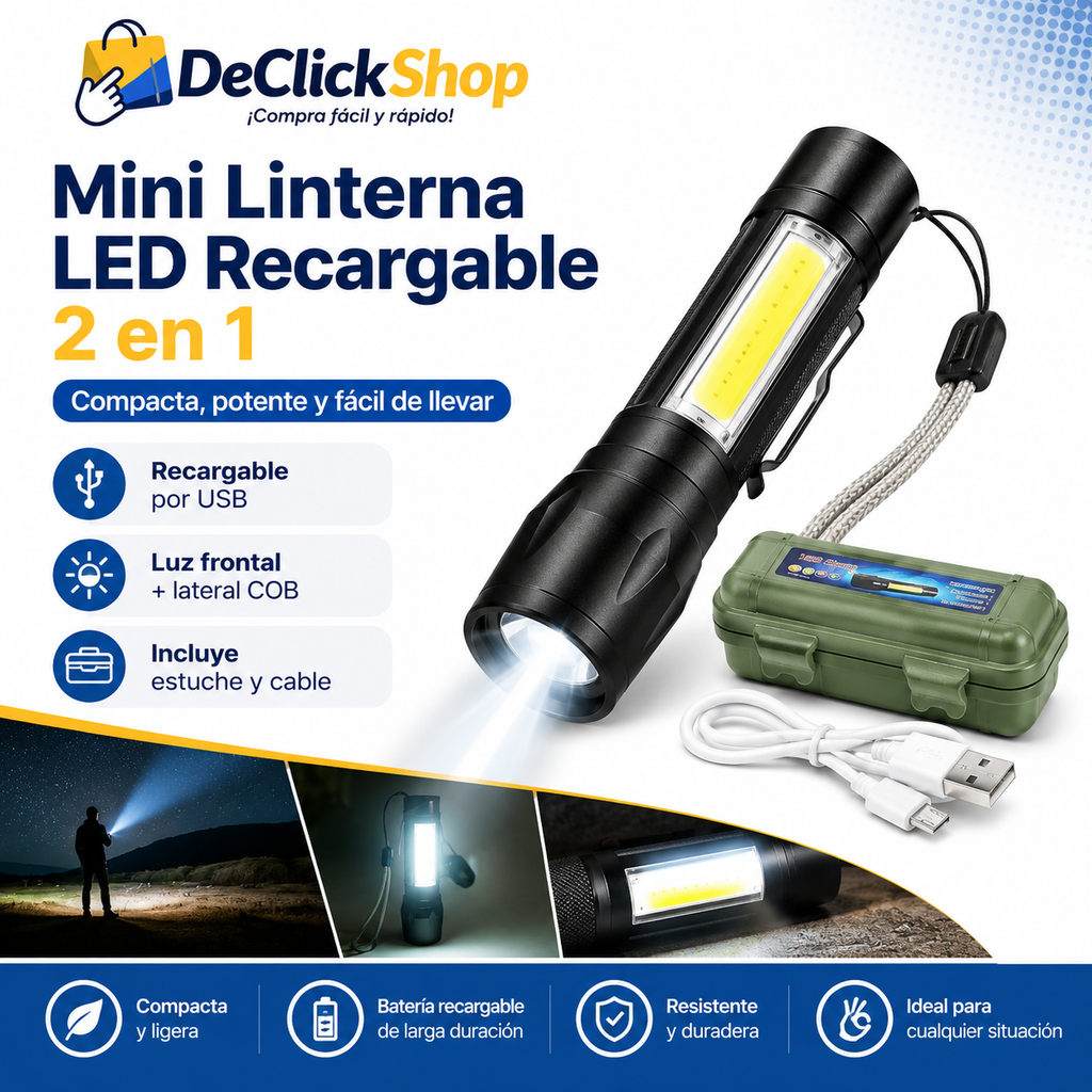 Mini Linterna LED Recargable 2 en 1 con Luz Frontal, Luz Lateral COB, Zoom Ajustable y Estuche