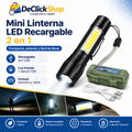 Mini Linterna LED Recargable 2 en 1 con Luz Frontal, Luz Lateral COB, Zoom Ajustable y Estuche