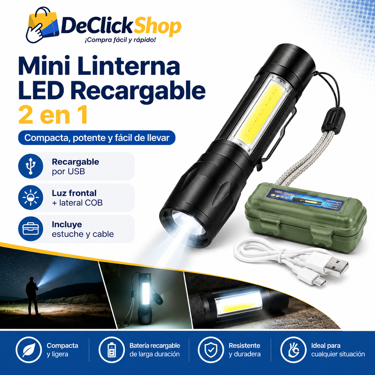 Mini Linterna LED Recargable 2 en 1 con Luz Frontal, Luz Lateral COB, Zoom Ajustable y Estuche