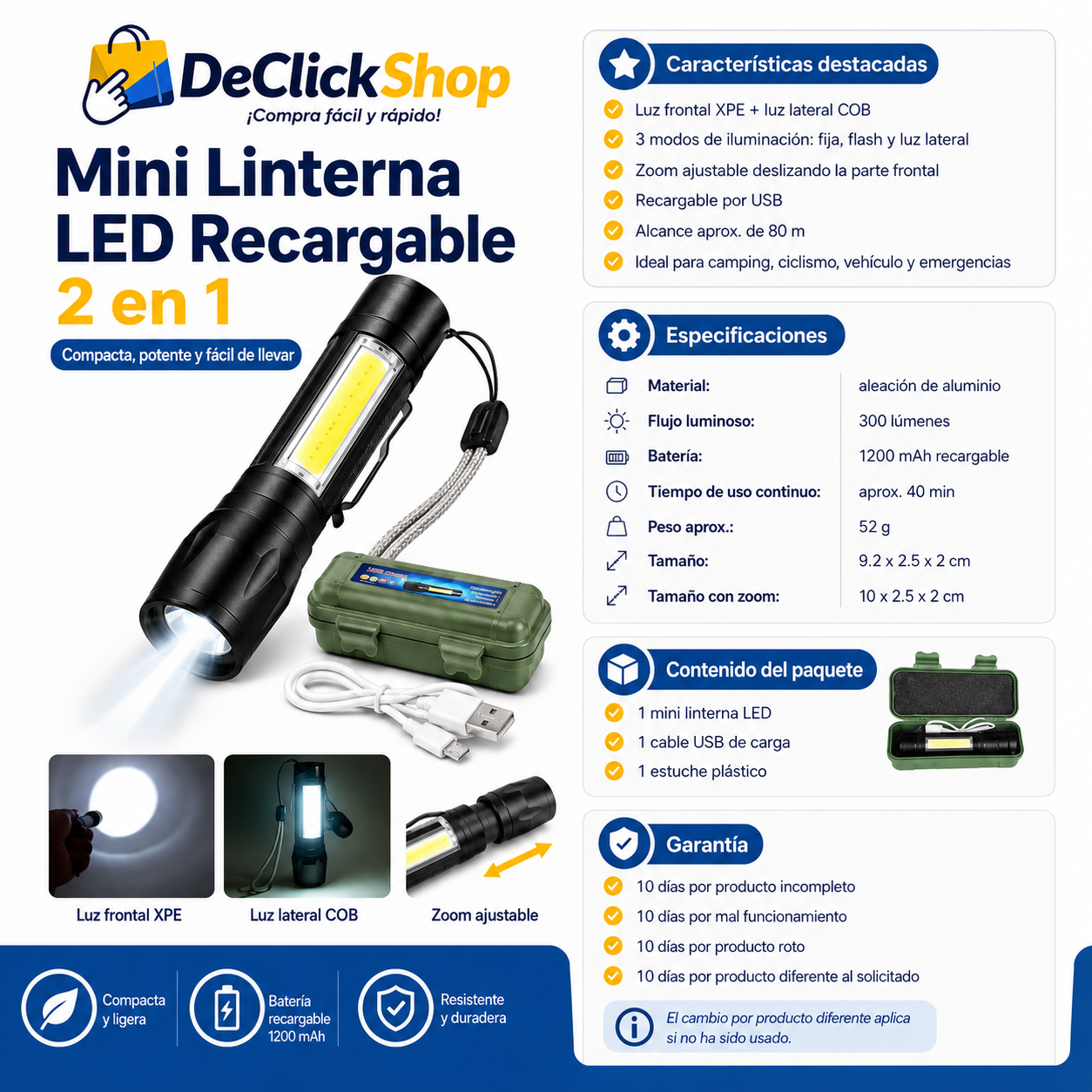 Mini Linterna LED Recargable 2 en 1 con Luz Frontal, Luz Lateral COB, Zoom Ajustable y Estuche