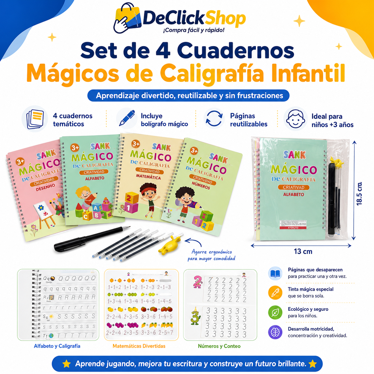 Set de 4 Cuadernos Mágicos de Caligrafía Infantil Reutilizables con Bolígrafo y Repuestos