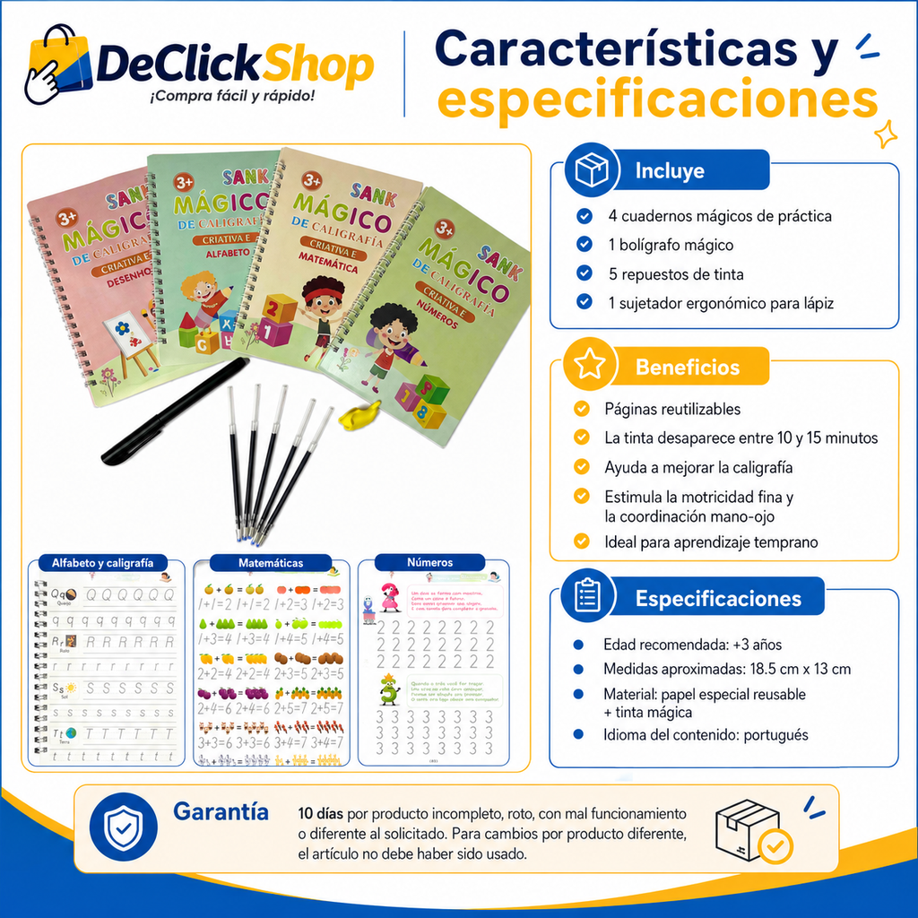Set de 4 Cuadernos Mágicos de Caligrafía Infantil Reutilizables con Bolígrafo y Repuestos