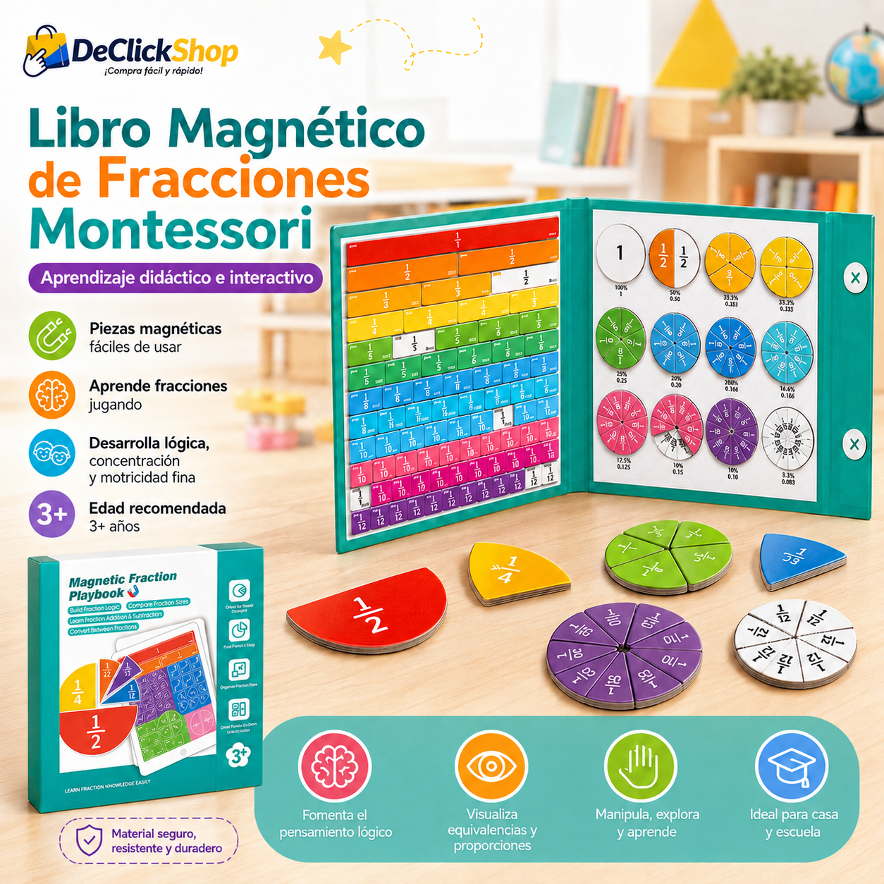 Libro Magnético de Fracciones Montessori para Niños – Juego Educativo Interactivo