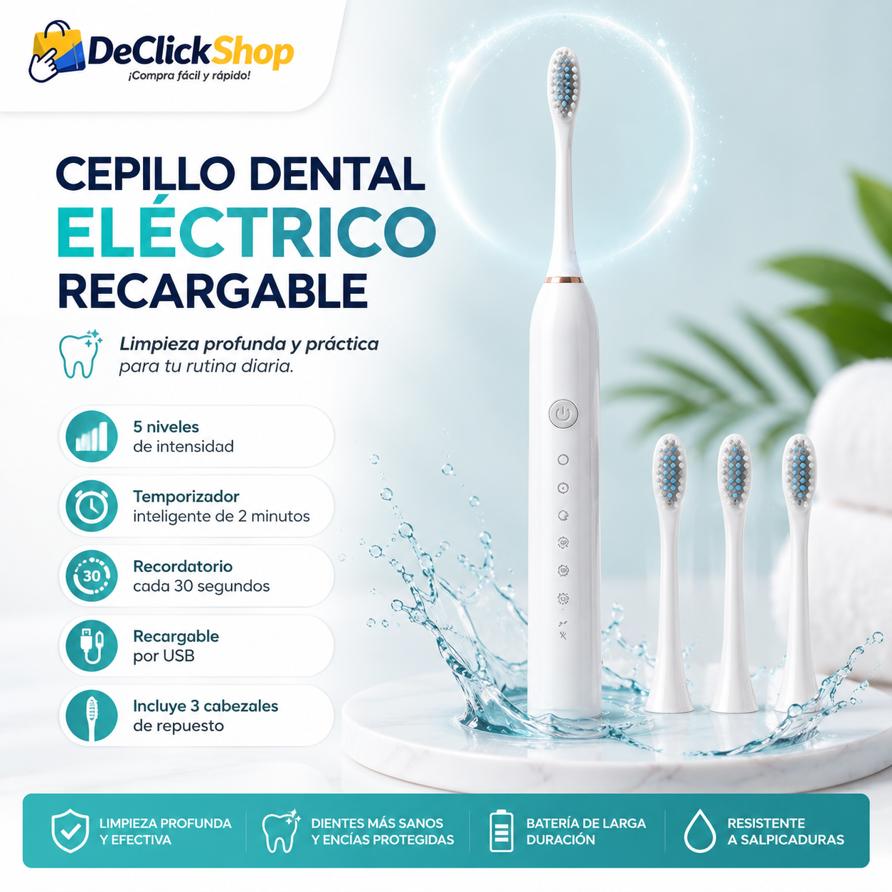 Cepillo Dental Eléctrico Recargable con 3 Cabezales de Repuesto