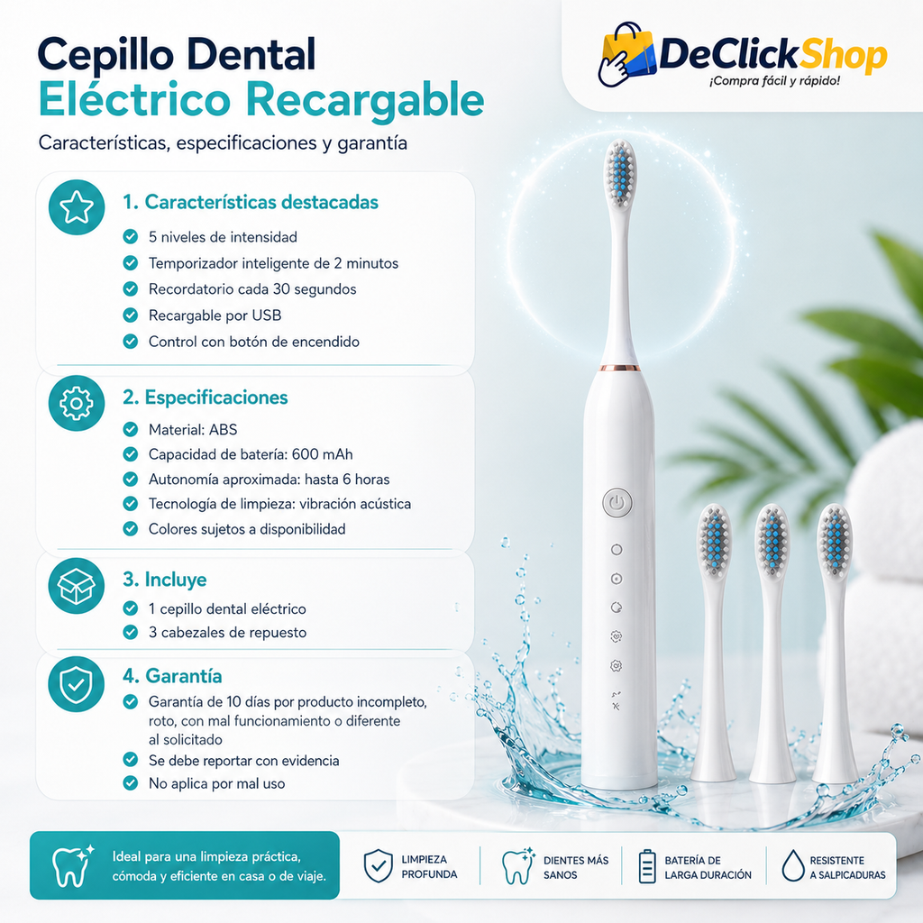 Cepillo Dental Eléctrico Recargable con 3 Cabezales de Repuesto