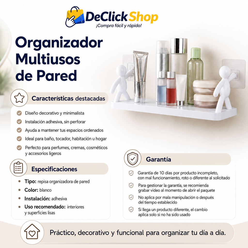 Organizador Multiusos de Pared Adhesivo para Baño, Tocador y Hogar