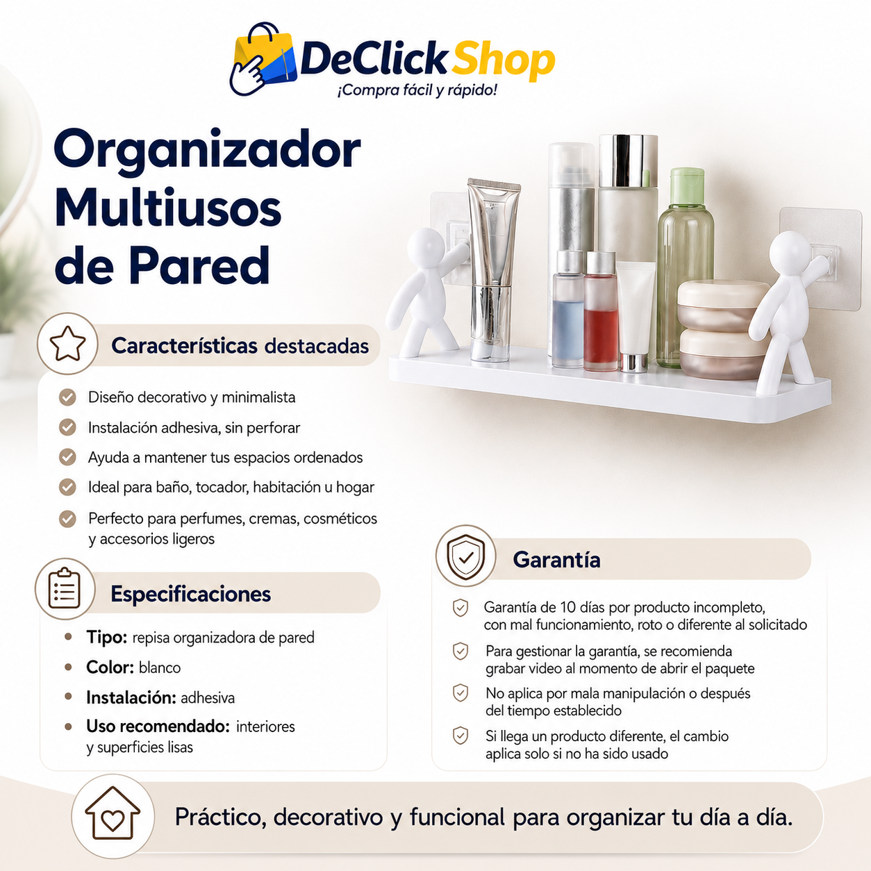 Organizador Multiusos de Pared Adhesivo para Baño, Tocador y Hogar