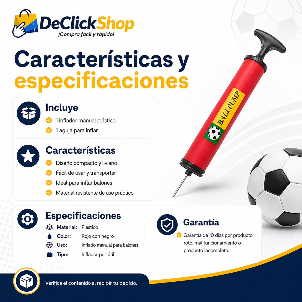 Inflador Manual Plástico para Balones con Aguja Incluida