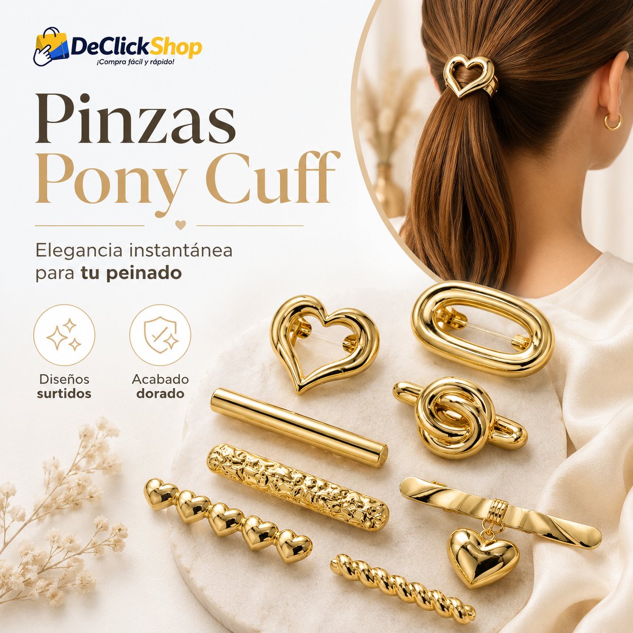 Pinza Pony Cuff Dorada para Cabello – Accesorio Elegante para Coletas y Peinados