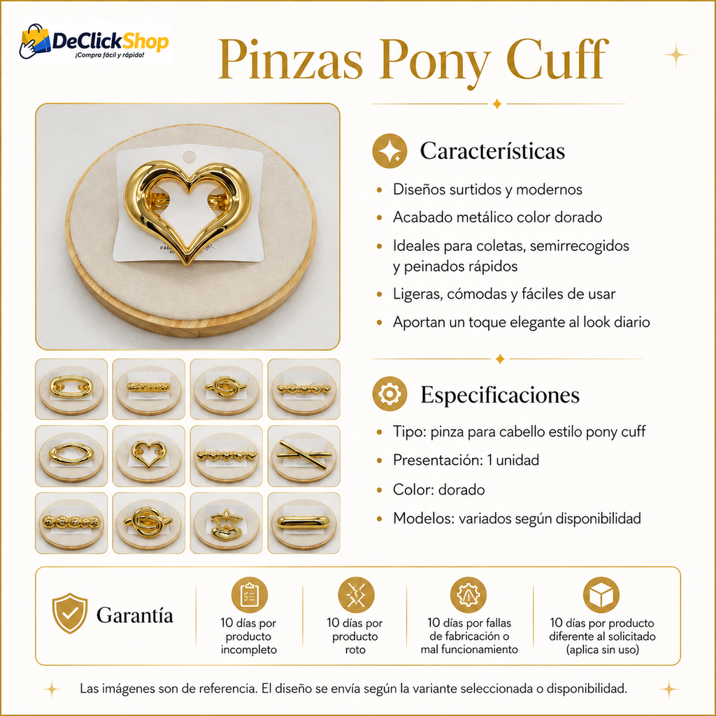 Pinza Pony Cuff Dorada para Cabello – Accesorio Elegante para Coletas y Peinados