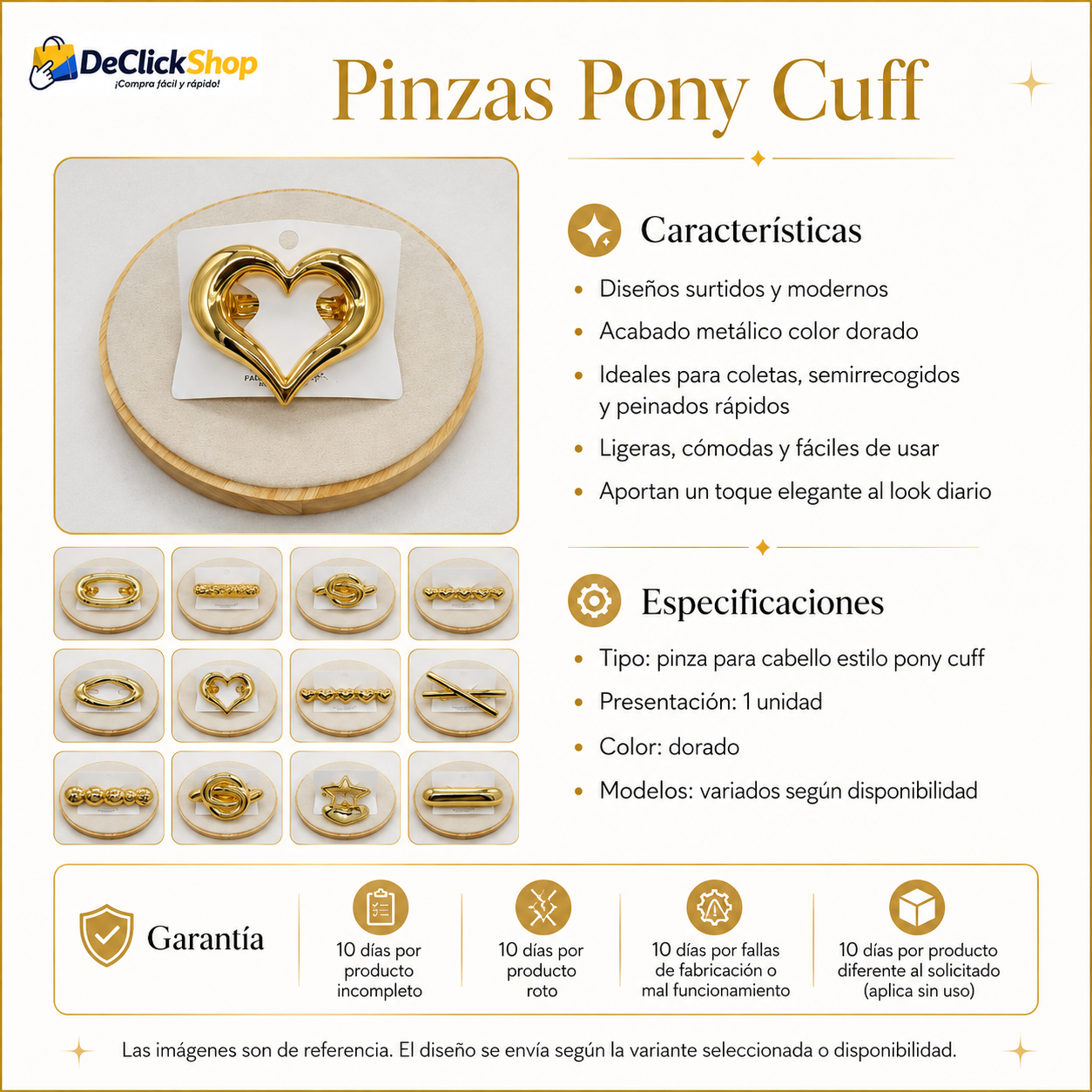 Pinza Pony Cuff Dorada para Cabello – Accesorio Elegante para Coletas y Peinados