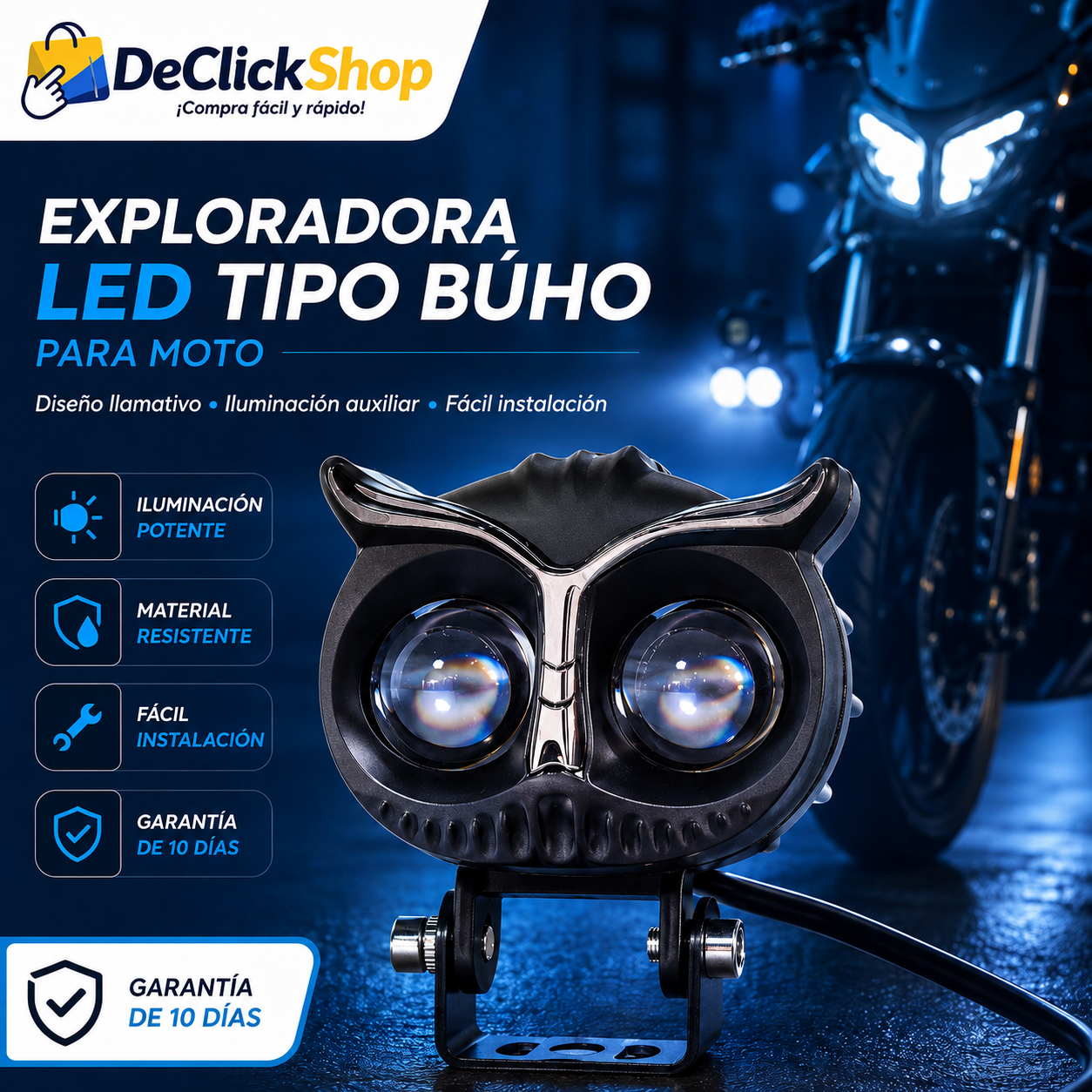 Exploradora LED Tipo Búho para Moto – Luz Auxiliar de Alta Visibilidad
