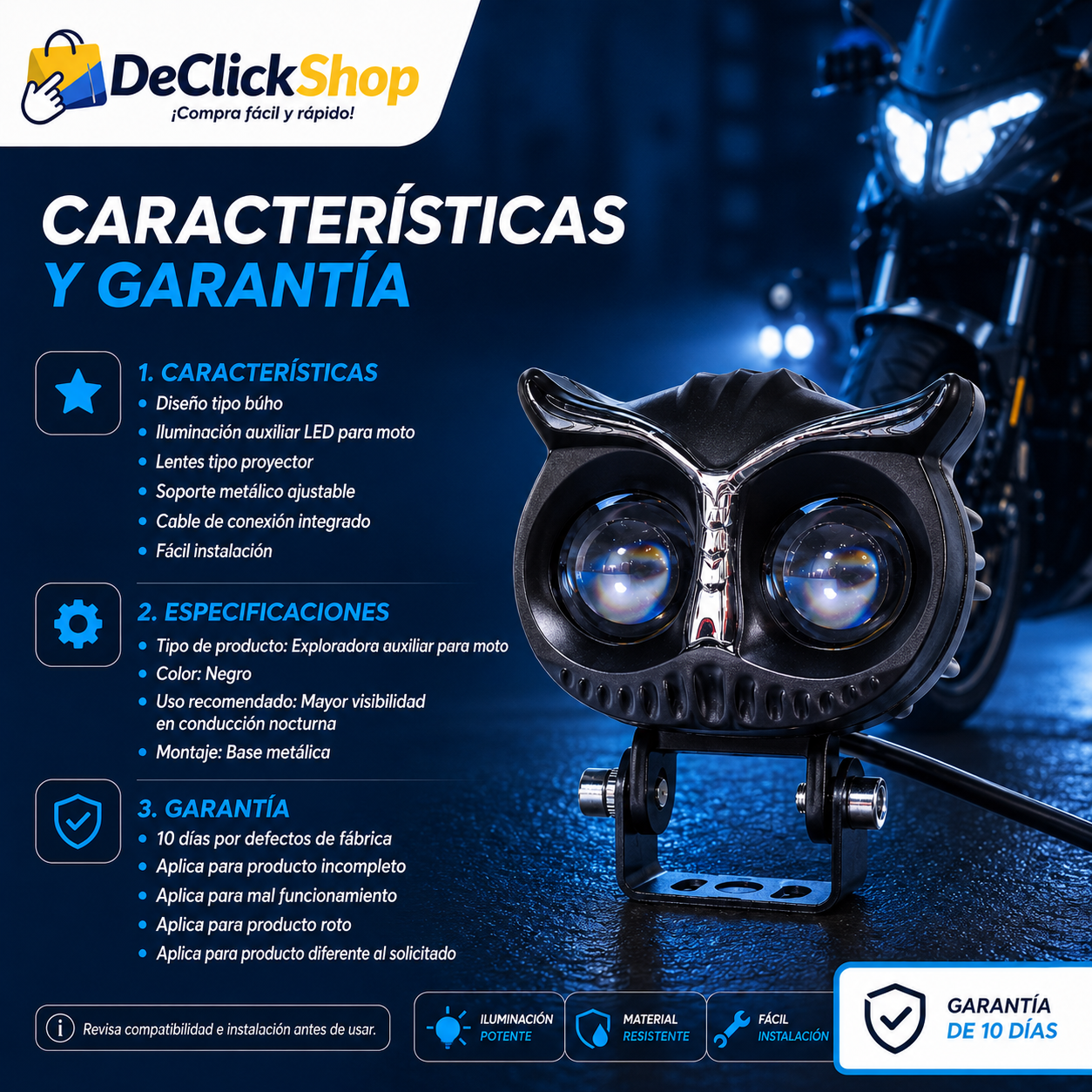 Exploradora LED Tipo Búho para Moto – Luz Auxiliar de Alta Visibilidad
