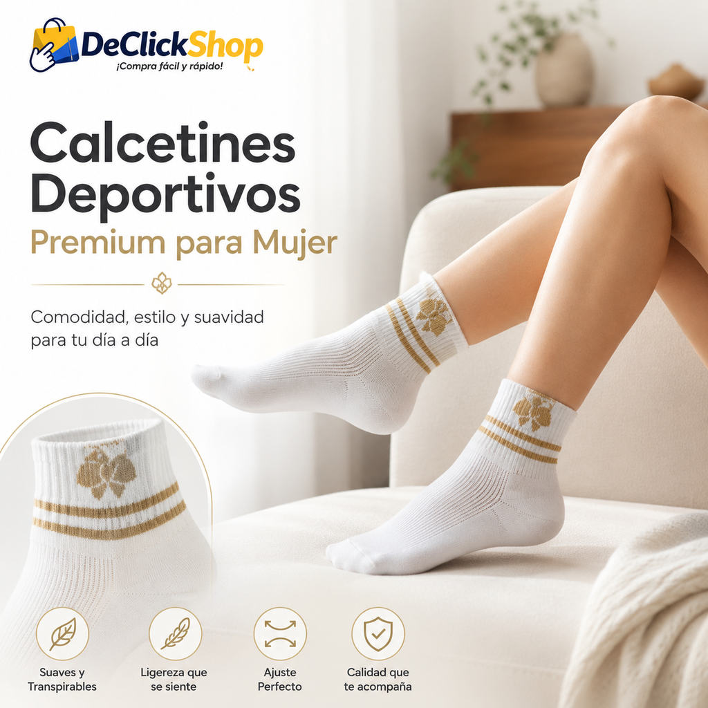 Calcetines Deportivos Premium para Mujer – Blancos con Detalles Dorados