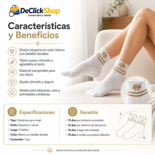 Calcetines Deportivos Premium para Mujer – Blancos con Detalles Dorados