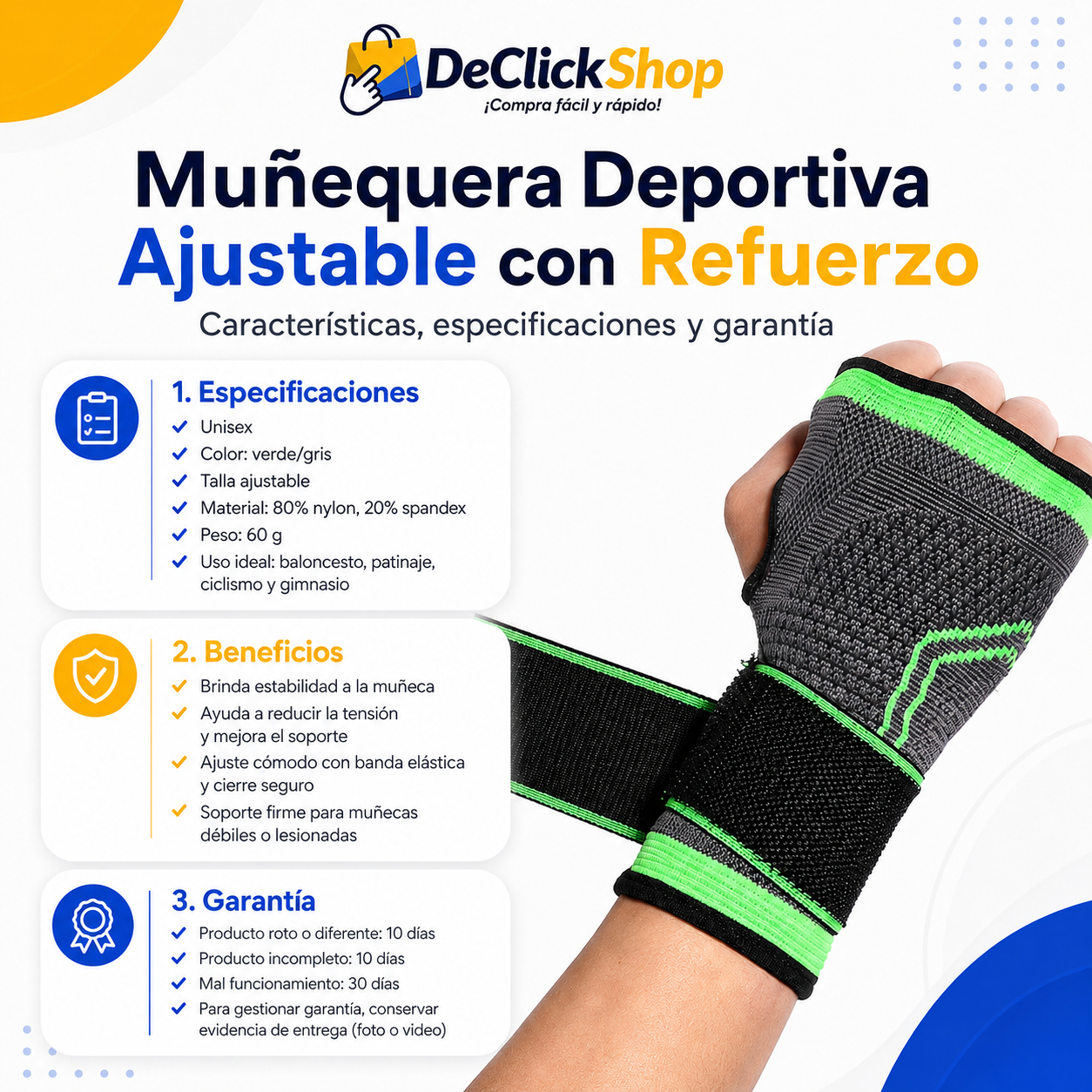 Muñequera Deportiva Ajustable con Refuerzo para Soporte de Muñeca