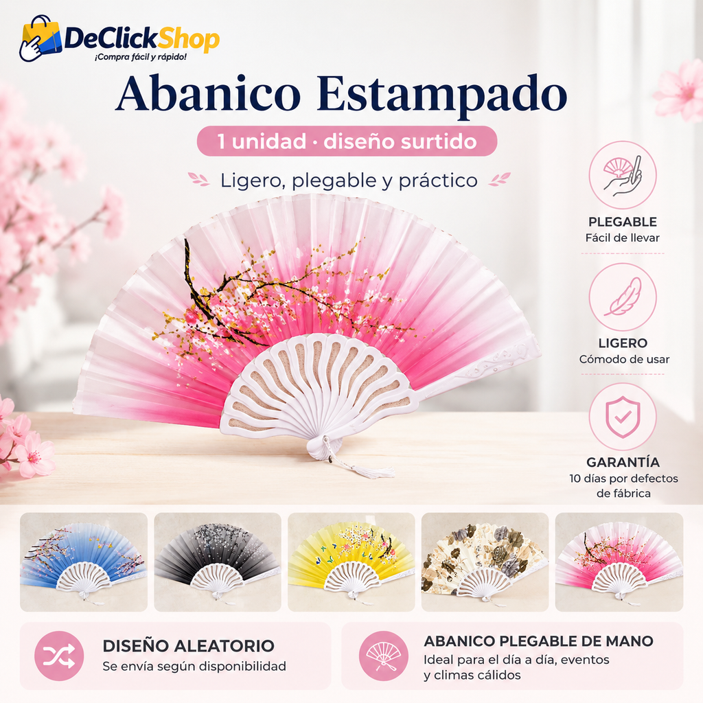 Abanico Estampado Plegable de Mano – 1 Unidad