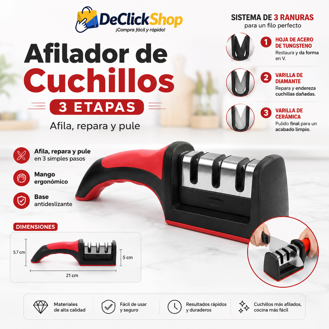 Afilador de Cuchillos 3 Etapas con Mango Ergonómico